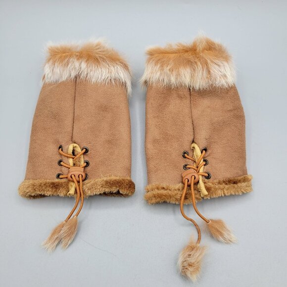 Rabbit Fur Faux Suede Fingerless Gloves With Lace-Up Detail One Size - Picture 1 of 6
